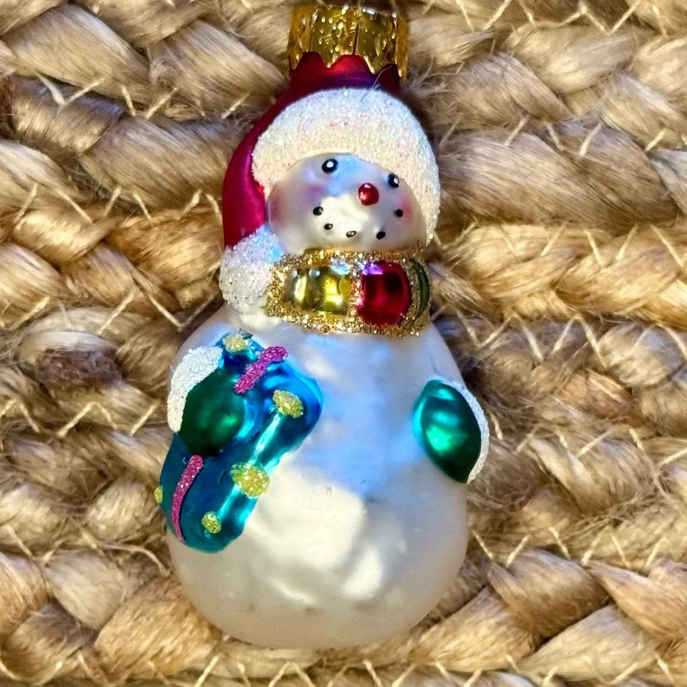 Vintage Blown Glass Snowman Christmas Ornament Glitter Scarf Stocking 3
